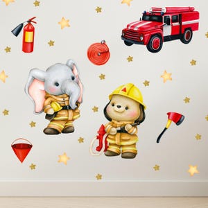 May include: Watercolor illustration of a firefighter theme. Includes a red fire truck, a fire extinguisher, a fire hose, a red bucket, a firefighter elephant, a firefighter dog, an axe, and gold stars.