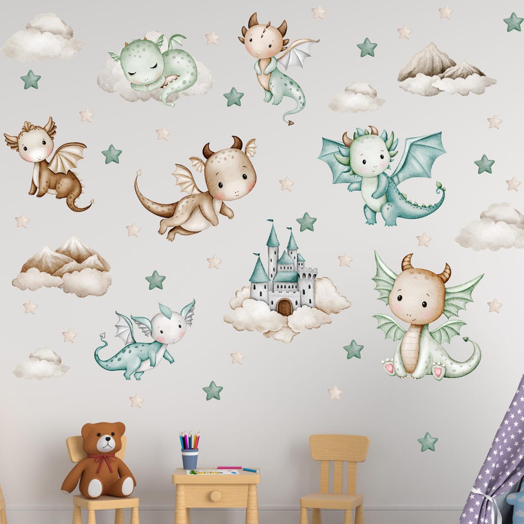 Baby Dragon Wall Decal Nursery Cute Dragons Stickers Kids Room Fantasy ...