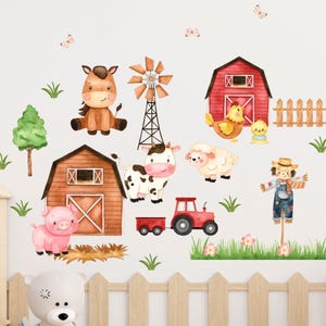 Farm Animal Wall Decals: Watercolor Tractor, Cow, Pig Nursery Decor