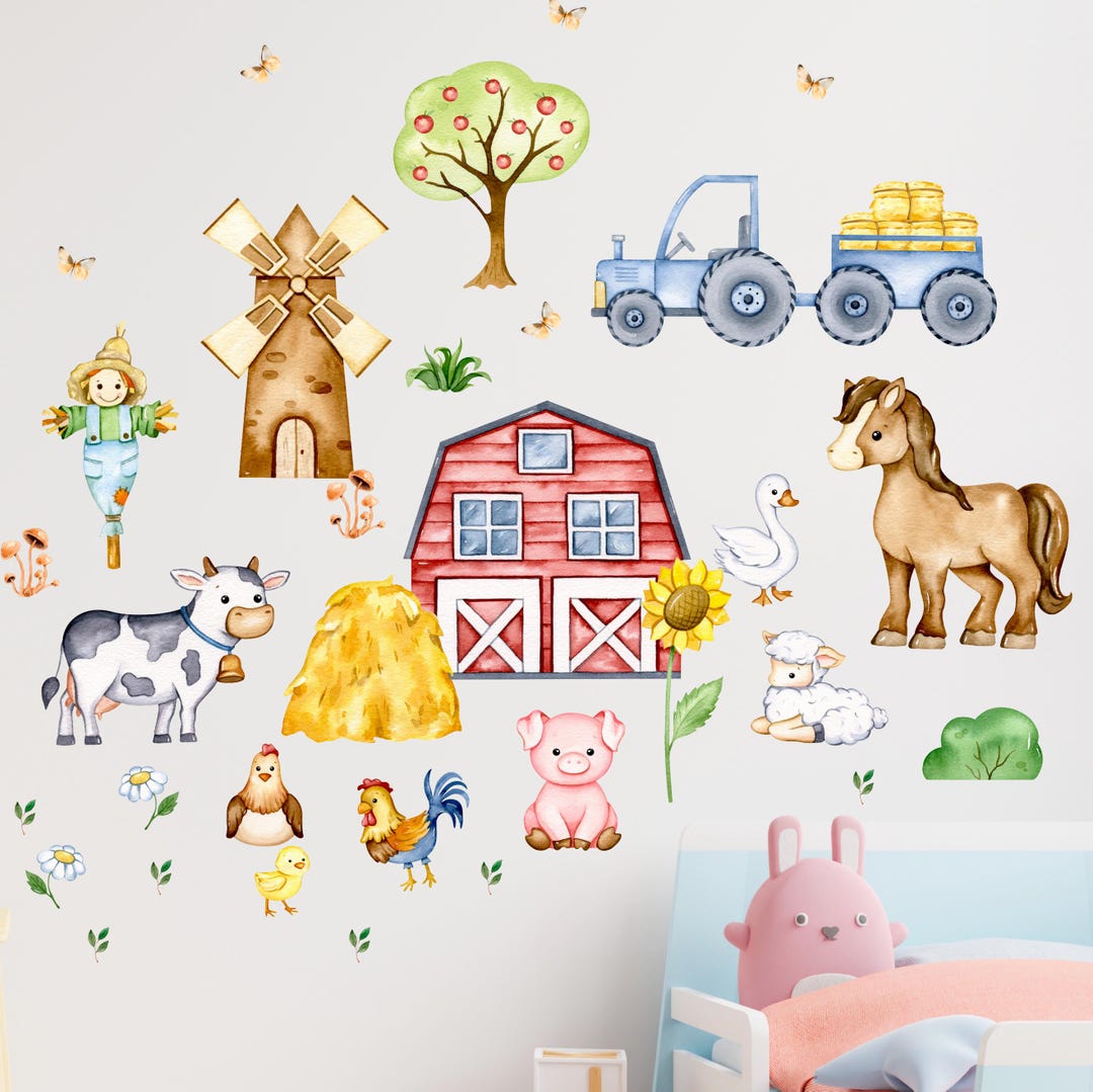 Farm Wall Stickers Set, Watercolor Farm Scene Wall Decals, Barn Tractor ...