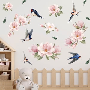Swallow and Magnolia Wall Decals – Pink Flower Bird Nursery Stickers – Girl Room Spring Wall Art – Floral Swallow Wall Decor