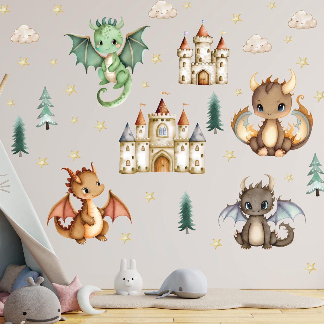 Dragon Wall Decals Watercolor – Baby Dragons Castle Wall Stickers ...