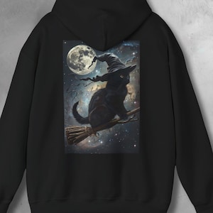 Black Witch Cat Hoodie | Gothic Celestial Moon Pullover | Witchy Cat Mom Gift | Mystical Fantasy Art Hoodie for Cat Lovers