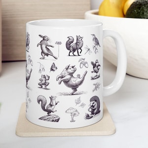 Vintage Woodland Animals Mug – Cottagecore Forest Creatures Tea Lover Mug, Whimsical Hedgehog, Fox, Rabbit & Pig, Nature Lover Gift