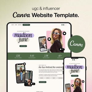 Op de afbeelding: Een Canva website template weergegeven op een tablet en smartphone. De template heeft een roze en groen kleurenschema met de tekst "madison june" en de woorden "ugc & influencer". Het ontwerp bevat afbeeldingen en statistieken.