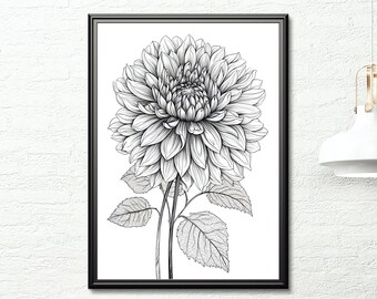 Dahlia Line Art, Dahlia Floral Poster, Black and White Floral Wall Art, Dahlia Printable, Florist Gift, Botanist Gift, August Birth Flower