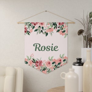 Personalized Kids Room Banner, Kids Room Floral Pennant, Floral Kids Decor, Floral Nursery Decor, Roses Wall Decor, Kids Canvas Flag