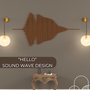 May include: A sound wave design wall art made of wood with the text "HELLO" SOUND WAVE DESIGN below it. Two gold pendant lights with clear glass shades hang on either side of the art. The art is on a gray wall with a white baseboard. A small wooden table with a carved design sits in front of the wall art.