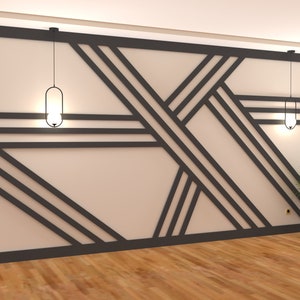 Peut inclure: Un mur beige avec un motif géométrique de lignes noires. Deux lampes suspendues noires pendent du plafond. Une plante en pot se trouve sur le sol dans le coin de la pièce.