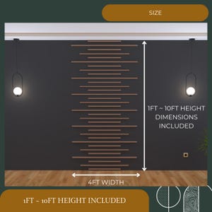 May include: A wood slat wall accent with a dark gray background. The wall accent is 4 feet wide and 10 feet high. The image shows the wall accent in a room with two black pendant lights.