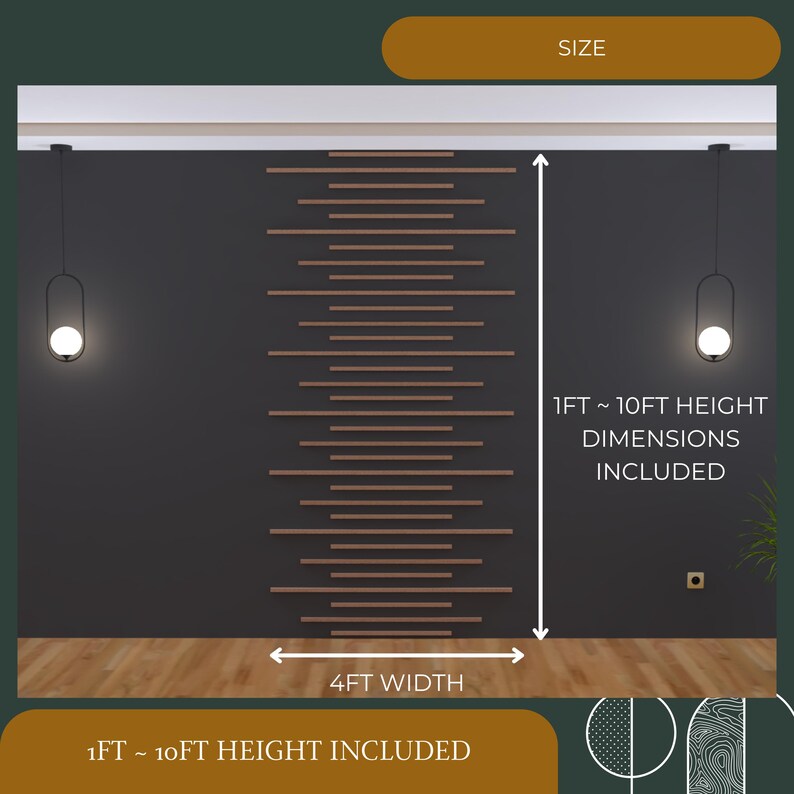 May include: A wood slat wall accent with a dark gray background. The wall accent is 4 feet wide and 10 feet high. The image shows the wall accent in a room with two black pendant lights.