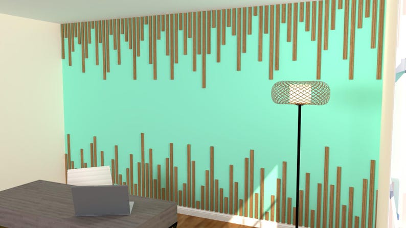Peut inclure: Un mur turquoise avec un motif g&eacute;om&eacute;trique de bandes de bois brun. Un lampadaire noir avec un abat-jour rond en fil de fer blanc se trouve dans le coin de la pi&egrave;ce.
