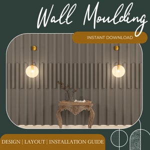 May include: A digital download for a wall molding design. The image shows a room with a wall featuring a geometric pattern of vertical wood panels. Two gold pendant lights hang from the wall, and a small wooden table sits in front of the wall.