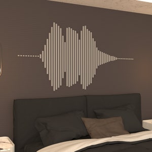 May include: A bedroom interior with a brown wall featuring a white sound wave wall art made of vertical wooden slats. The room has a bed with black headboard and white bedding, two bedside tables, and two hanging pendant lights with white globe shades.