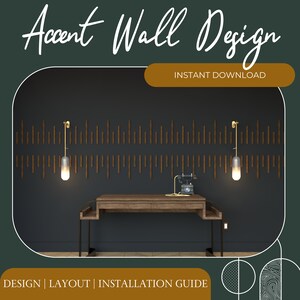 May include: A digital download of an accent wall design featuring a geometric pattern of vertical lines. The design is shown in a 3D rendering of a room with a dark gray wall, a wooden desk, and two wall sconces. The text "INSTANT DOWNLOAD" and "DESIGN | LAYOUT | INSTALLATION GUIDE" are also included in the image.