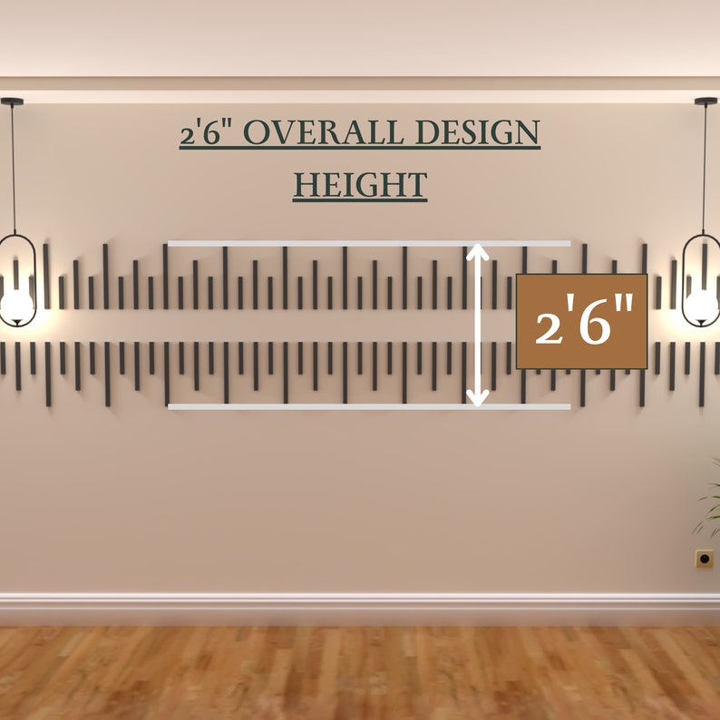 May include: A wall with a white trim and a brown wooden floor. A white ruler with black markings is mounted on the wall. The ruler measures 2'6" in height. The text "2'6" OVERALL DESIGN HEIGHT" is written above the ruler.