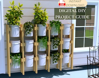 DIY Vertical Bucket Planter and Storage Shelf Design | PDF Build Instructions | Handmade DIY Gift Instructions for Home Improvement