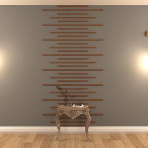 May include: A wooden side table with a carved design and a distressed finish. The table has a single shelf and is decorated with a small plant and a book. The table is in front of a wall with a decorative wood slat wall treatment and two gold wall sconces with round glass shades.