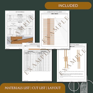 May include: A materials list, cut list, and layout for an alternating slat wall design. The design includes a list of materials, a cut list for the slats, and a layout diagram showing the slat arrangement. The design is for a wall that is 5 feet wide.