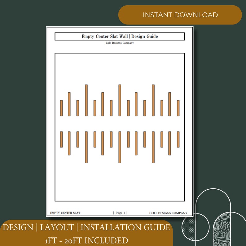 May include: A design guide for an empty center slat wall, showing a visual representation of the slat wall layout. The guide includes a diagram of the slat wall with evenly spaced slats, and the text "Empty Center Slat Wall | Design Guide" and "Cole Designs Company".