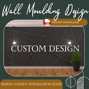 Peut inclure: Téléchargement numérique d'un design de moulure murale personnalisé. Le design présente un motif géométrique de lignes qui se croisent sur un mur gris foncé. Le texte "CUSTOM DESIGN" est affiché en blanc sur le mur. L'image comprend également une plante dans un pot noir et deux luminaires suspendus.
