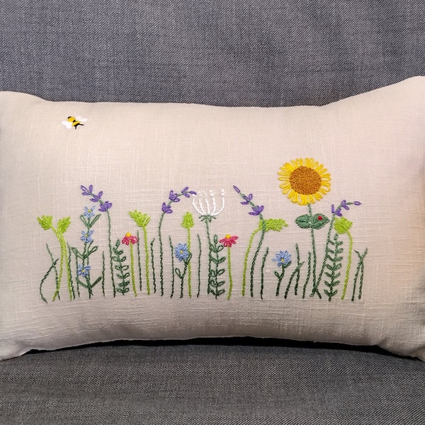 Cotton Lumbar Pillow with Embroidered Flowers & Eyelash Fringe