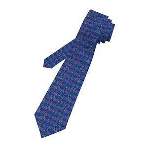 May include: A blue silk tie with a repeating pattern of bicycles in various colors.