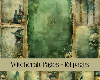 Könnte beinhalten: Eine Collage aus 161 Seiten im Vintage-Stil in Grün- und Brauntönen. Die Seiten zeigen verschiedene Bilder, darunter eine Hexe, einen Schädel, einen Kristall, eine Fledermaus und eine Katze. Der Text "Witchcraft Pages - 161 pages" ist am unteren Rand der Collage zu sehen.