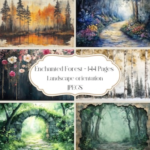 Betoverd boslandschap, digitaal papier voor junktijdschriften en scrapbooking, landschap, bomen, bossen, diepe bossen, natuurtafereel, afdrukbaar