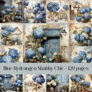 Pagine quadrate Shabby Chic con ortensia blu per album e diario spazzatura, vintage, antico, carta vecchia macchiata, carta digitale, immagini stampabili
