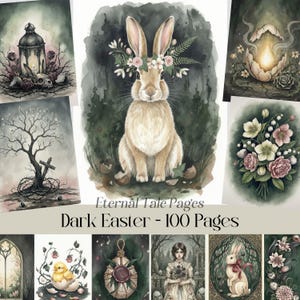 Puede incluir: Una colección de ilustraciones en acuarela con temática de Pascua oscura. Las imágenes incluyen un conejo con corona floral, una linterna, un árbol con una cruz y otros elementos góticos de Pascua. El texto dice "Eternal Tale Pages Dark Easter - 100 Pages."