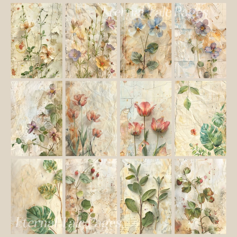 Vintage Botanicals Junk journal pages, floral images, paper texture, vintage style, scrapbook paper, digital paper, printable images image 3