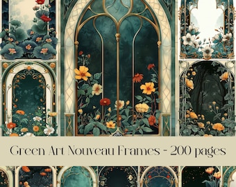 Art Nouveau Floral Frames: Green Botanical Art Deco (Digital Paper)