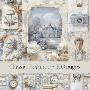 Pagine Classic Elegance, carta digitale, junk journal, carta per scrapbooking, shabby chic, bianco e beige, colori neutri, schizzi, vintage