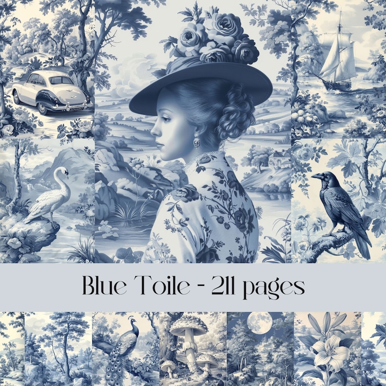 May include: A collage of blue and white toile patterned images. The images include a woman wearing a hat, a swan, a peacock, a mushroom, a moon, a lily, and a ship. The text "Blue Toile - 211 pages" is at the bottom of the collage.