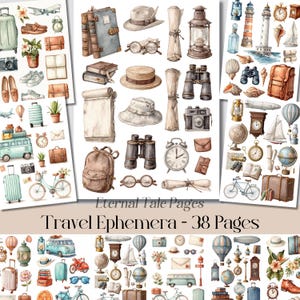 Puede incluir: Ilustraciones en acuarela de elementos temáticos de viajes, incluyendo maletas, cámaras, binoculares, sombreros y relojes. La imagen presenta una variedad de elementos de estilo vintage, con el texto "Eternal Tale Pages Travel Ephemera - 38 Pages".