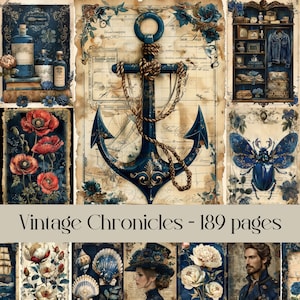 Pagine di Vintage Chronicles, diario di scarto, carta per scrapbooking, carta per decoupage, immagini stampabili, effimeri vintage, aspetto antico, antico