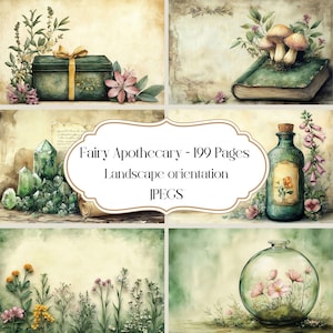 Fairy Apothecary, digitaal papier, junk journal, kruiden, magie, fantasie, groen, flessen, achtergrondpapier, botanisch, vintage ephemera