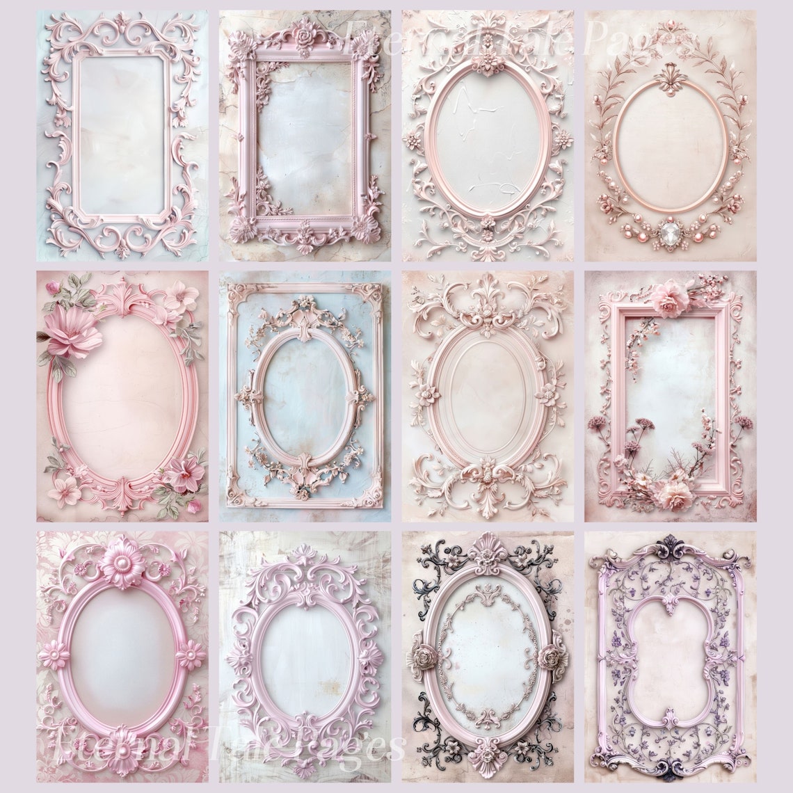 Pink Lilac Ornate Frames Digital Paper: Rococo Baroque Printable Images ...