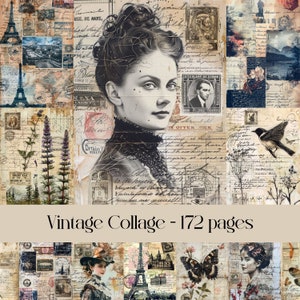 Pages de collage vintage pour scrapbooking et journal indésirable, notes anciennes, Paris, photos vintage, texte, écriture, papier numérique, imprimable