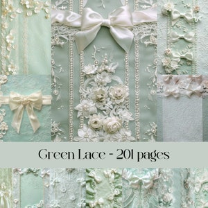 Grüne Spitzenseiten für Scrapbooking und Junk Journals, digitales Papier, druckbare Bilder, Stoffstruktur, Satin und Seide, Bögen und Perlen