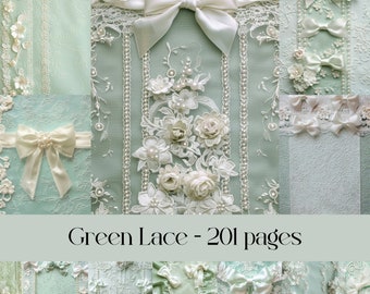 Green Lace Pages for Scrapbooking and Junk Journals, digital paper, printable images, fabric texture, satin and silk, bows and pearls