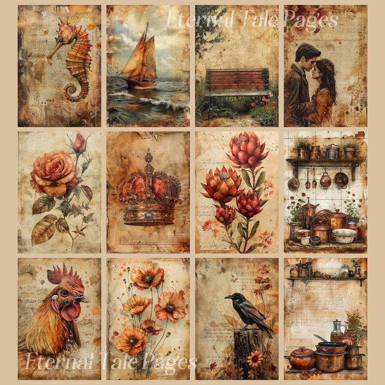 Puede incluir: Un collage de 10 im&aacute;genes de estilo vintage que presentan una variedad de temas, incluyendo un caballito de mar, un velero, un banco, una pareja, una rosa, una corona, una flor de protea, utensilios de cocina, un gallo, amapolas, un cuervo y una naturaleza muerta con ollas y sartenes. Las im&aacute;genes est&aacute;n todas sobre un fondo de papel viejo y tienen un aspecto desgastado y antiguo.