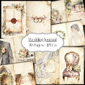 May include: A collection of watercolor illustrations with a vintage aesthetic, featuring wedding-themed elements. The images include a wedding invitation, rings, a bridal veil, a bouquet, and a decorated chair. The text "Wedding Journal 39 Pages - JPEGs" is displayed.