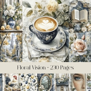 Floral Vision Pages, carta digitale, diario spazzatura, album, vintage, fiori, botanica, effimere, cottage, estate, natura, animali, bundle