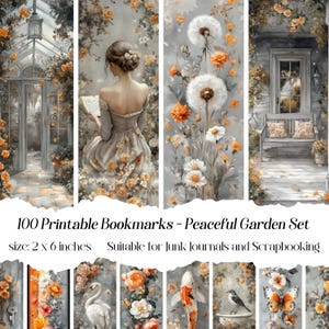 Marque-pages de jardin paisible, journal indésirable, scrapbooking, nature, orange et gris, animaux, jardin confortable, fleurs, plantes, shabby chic, victorien