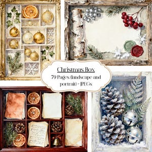 Peut inclure: Illustrations à l'aquarelle de boîtes sur le thème de Noël. Chaque boîte contient différents éléments de vacances, notamment des ornements, des pommes de pin, des oranges séchées et des flocons de neige. Le texte "Christmas Box" et les détails des pages sont également inclus.
