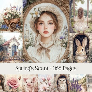 Pagine profumate di primavera, diario spazzatura, Pasqua, paesaggi naturali, cottage rustico, campagna, animali, fiori, carta per scrapbooking, carta digitale