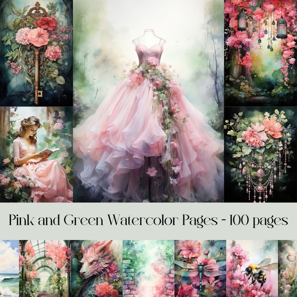 Páginas de diario basura de acuarela rosa y verde, papel de álbum de recortes, collage, imágenes imprimibles, mágico, fantasía, estética floral, papel digital