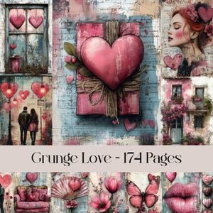 Páginas de amor grunge, papel digital, San Valentín, corazones, romántico, pareja, diario basura, collage, técnica mixta, papel para álbum de recortes, imágenes imprimibles